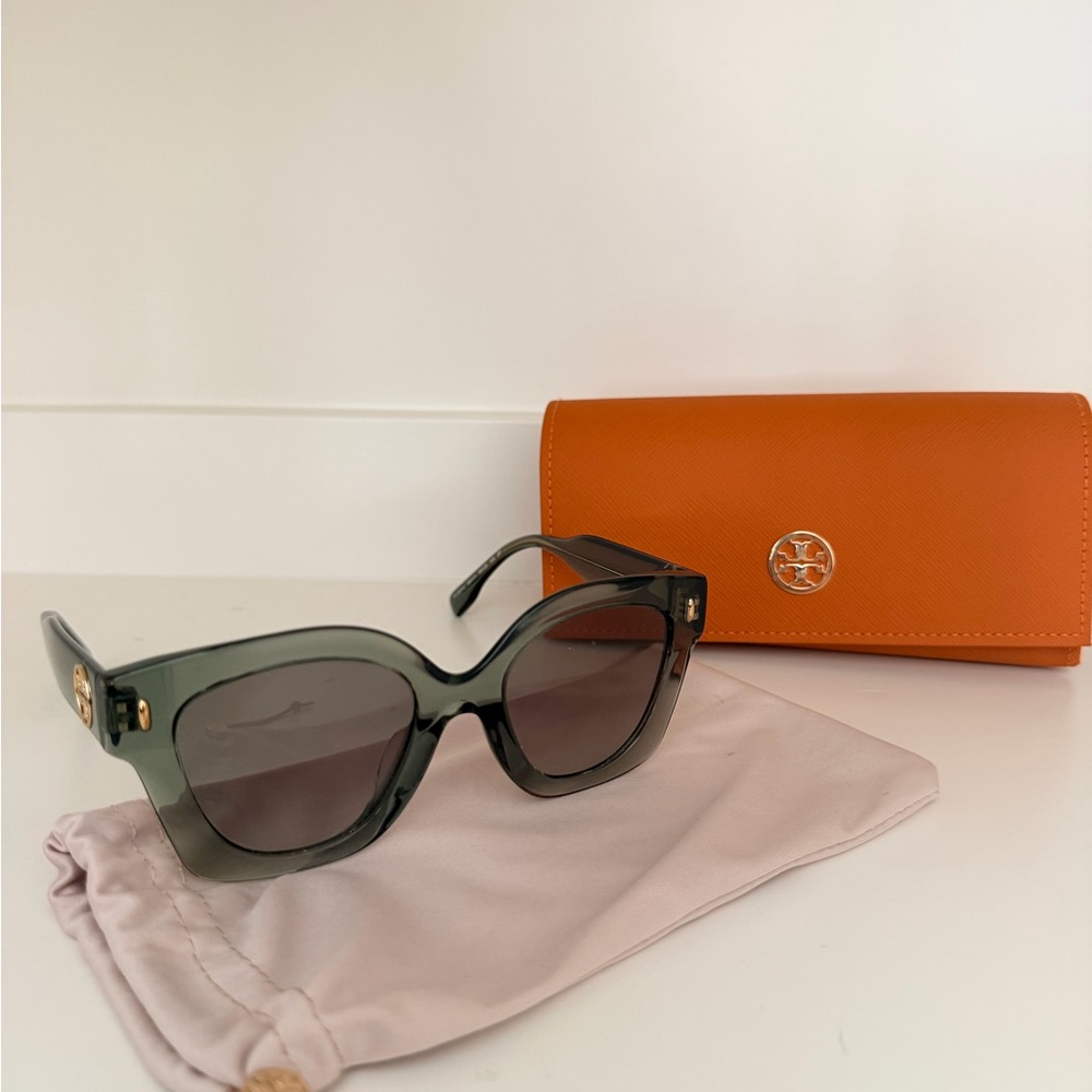 Tory Burch Translucent Olive Oversized Sunglasses with Gold Logo